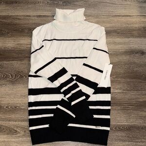 Calvin Klein Womens Striped Turtleneck Long Sleeve Tunic Sweater White Black